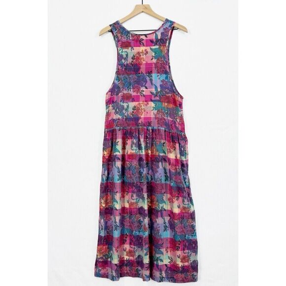 Vintage Floral Checkered Maxi Dress Womens 10 Pink Peasant Cottagecore Hippie - Picture 8 of 16